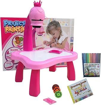 Kids Art Drawing Table with Smart LED Projector, Pink Learning Desk with Light and Music, Educational Painting Table with Accessories